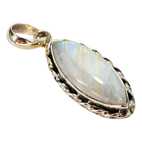 Vintage Rainbow Moonstone Pendant – Sterling Silver SJ925, Marquise Cabochon - Picture 3 of 8